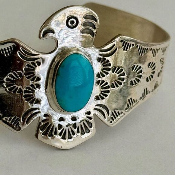 Southwestern Turquoise Cuff Sterling Silver Thunderbird Bracelet - Picture 2 of 7